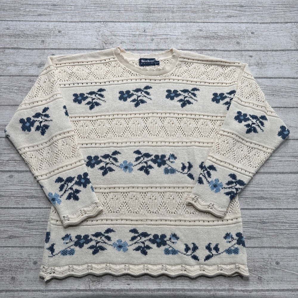 Vintage Weekend Edition Sweater Women's M White Floral Pointelle Knit Pullover